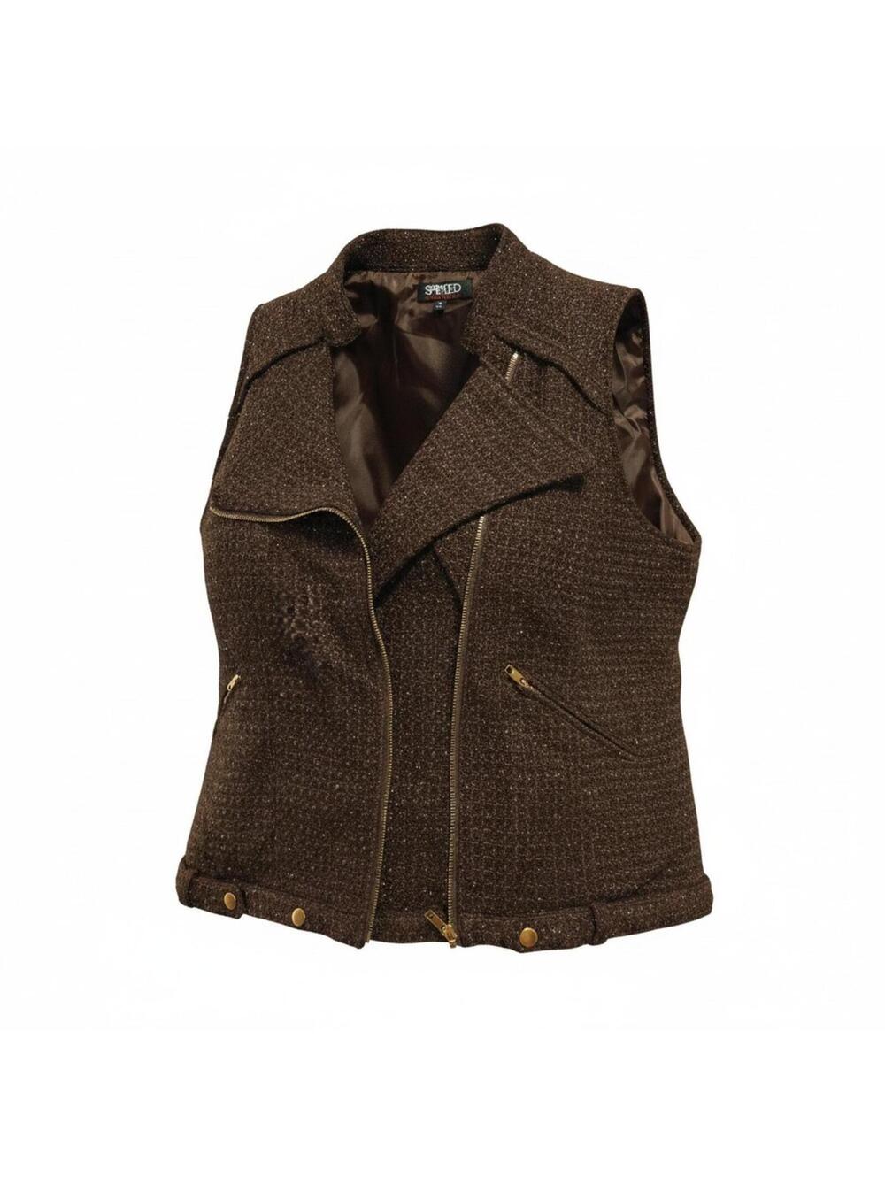 Spirited Randolph Duke Brown Tweed Moto Vest Metallic Gold Zip Lined Women’s 2XL